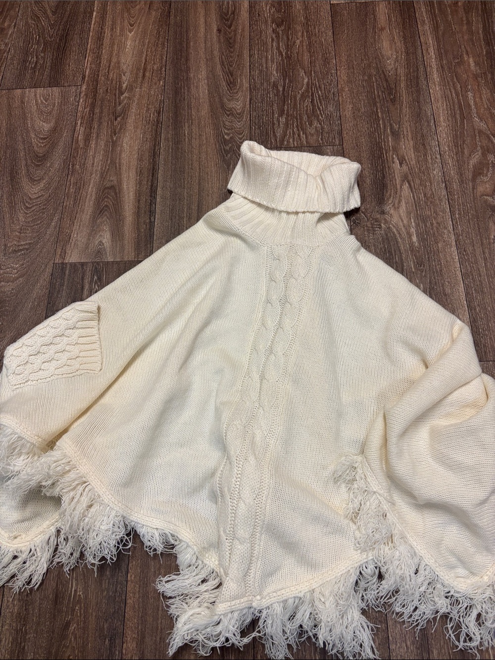 Turtleneck Chunky Cable-Knit Fringe Cape/Poncho Cozy Sweater - Cream